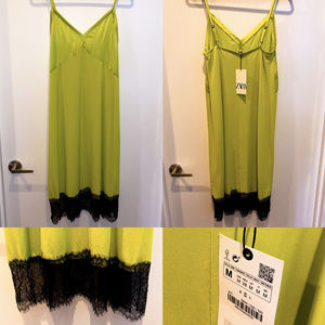 ZARA Green Sleeveless Silky Lace Dress